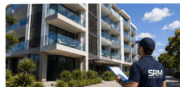 SRM assessor in an SRM navy shirt and cap carrying a clipboard, conducting an independent external building assessment at ground level in front of a modern strata building with balconies, glazing and cladding.