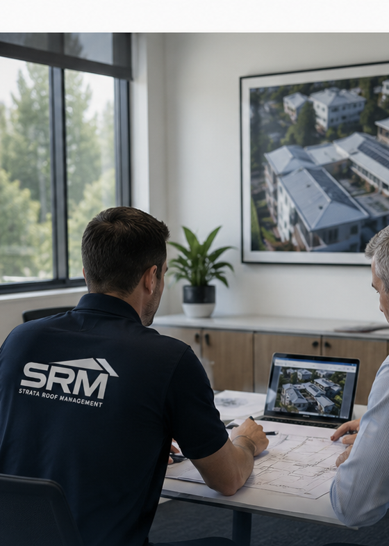 SRM advisor reviewing roof plans with strata committee members